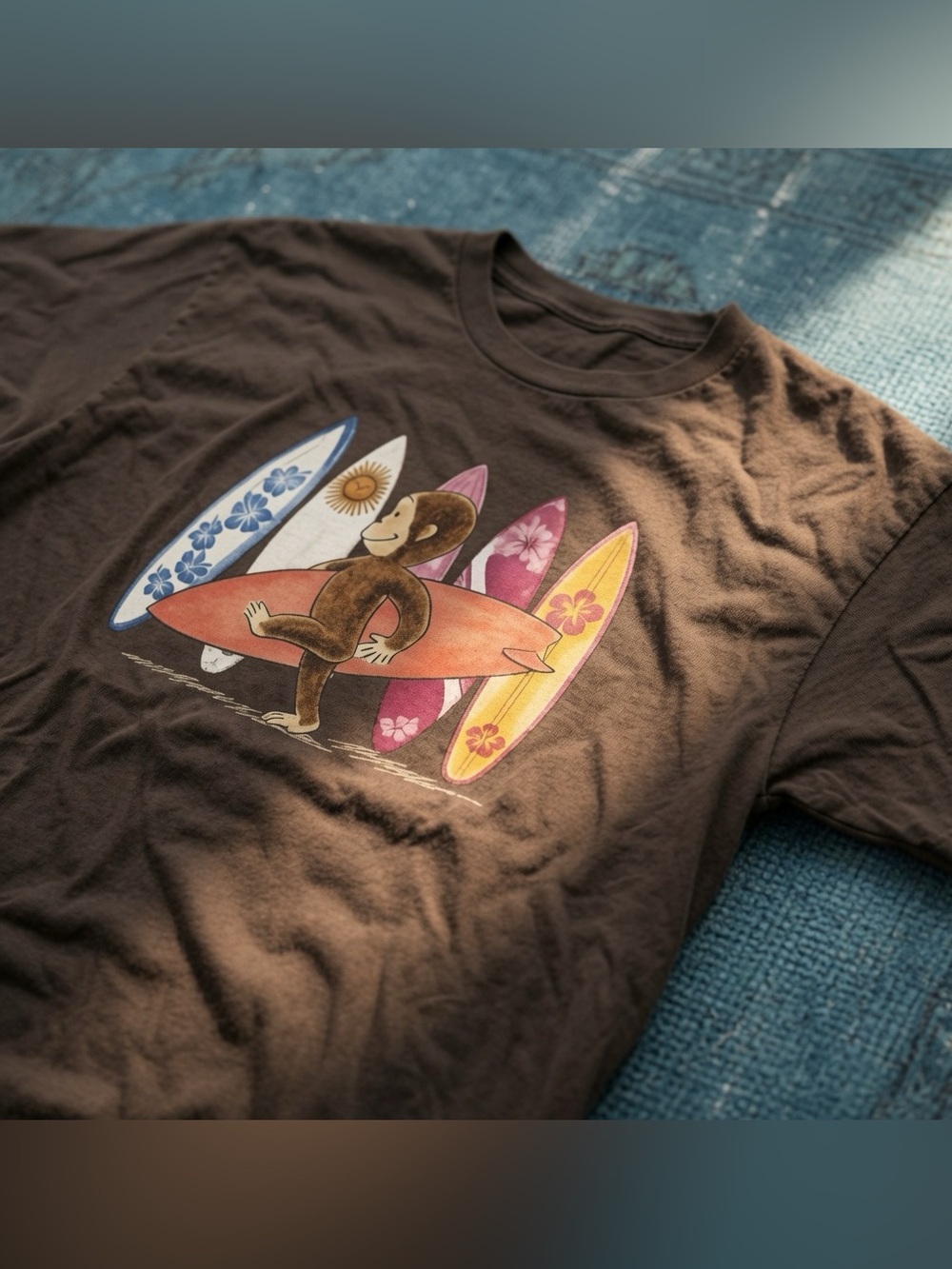 Gildan Brown Short Sleeve Tee with Multi-Color Surfboard Graphic